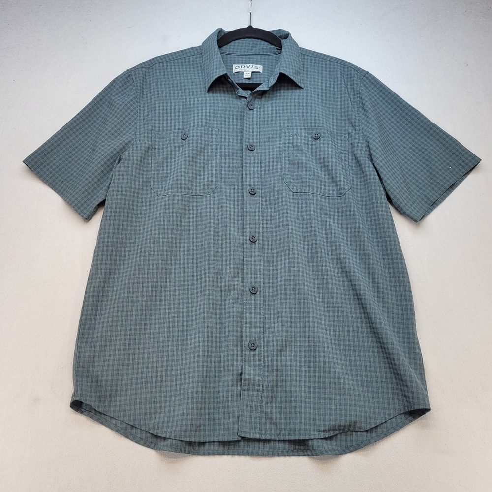 Orvis Button Down Shirt Men Med Blue Plaid Short Sleeve Hiking Fishing Outdoor